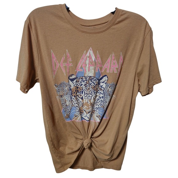 Def Leppard Tops - Def Leppard Graphic Band T-Shirt Tan Womens Size Small Leopard Rock Music Tee